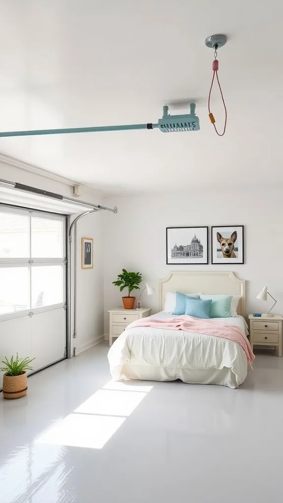 A bright and airy garage bedroom conversion featuring a bed with decorative pillows, natural light, and potted plants.