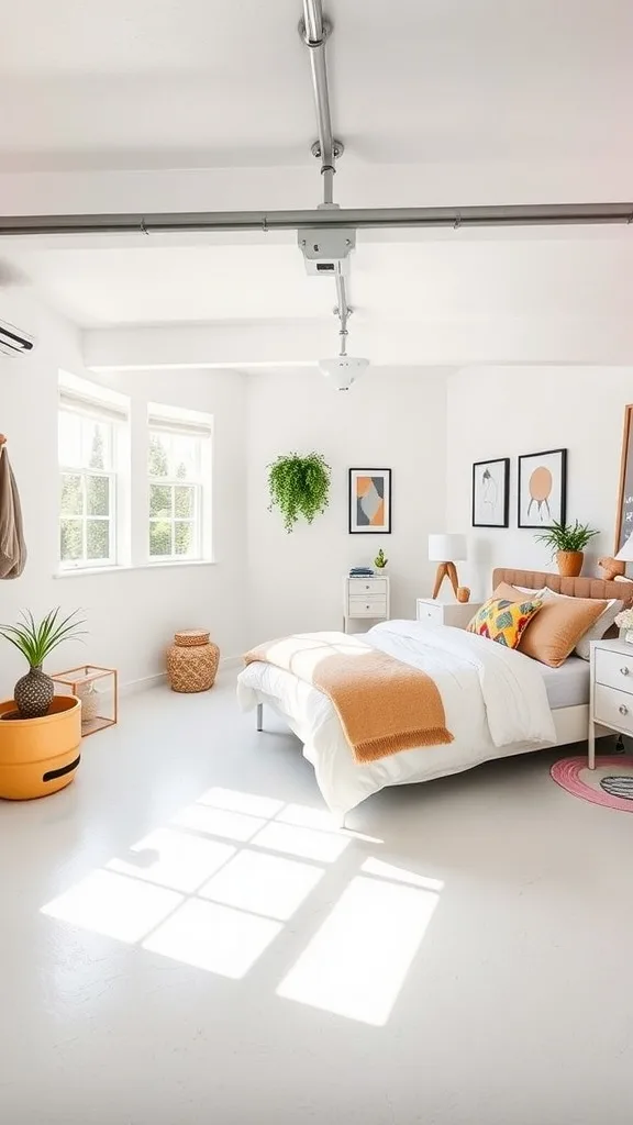 A bright studio bedroom with white walls, large windows, colorful decor, and plants.