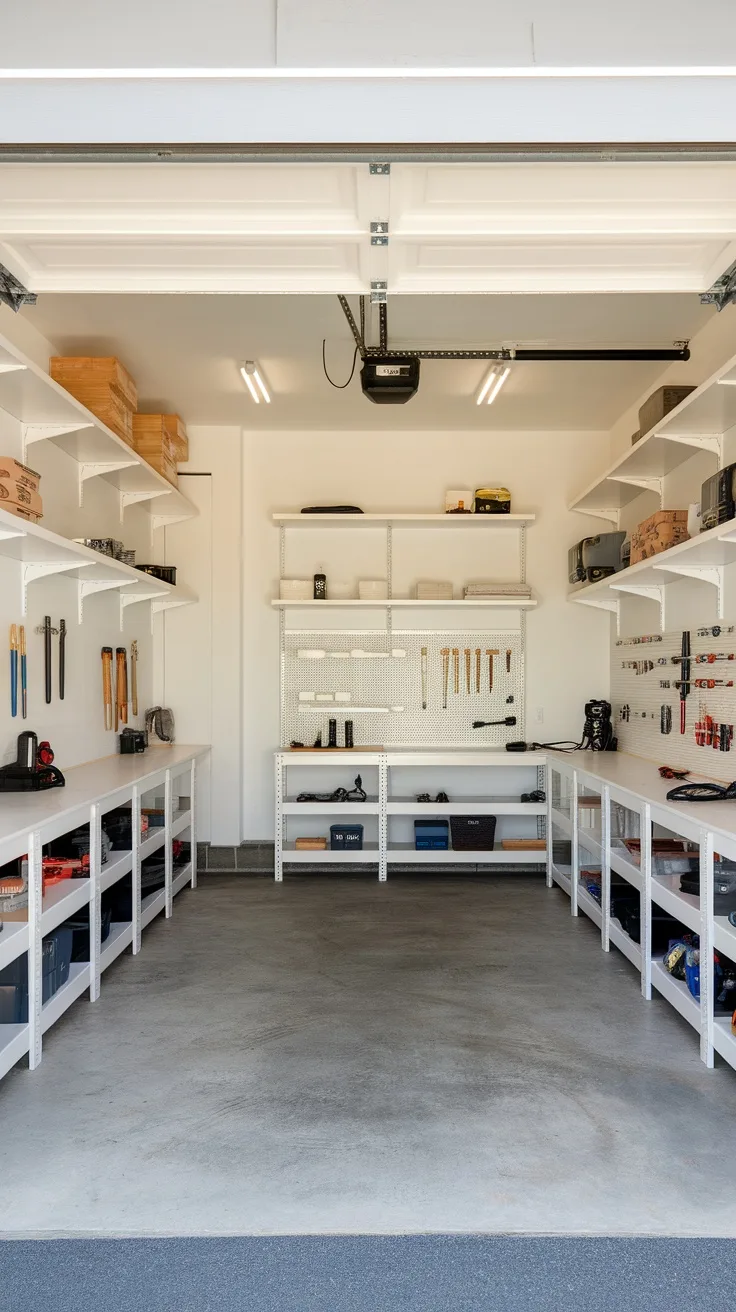 Bright white garage interior with organized tools and shelves