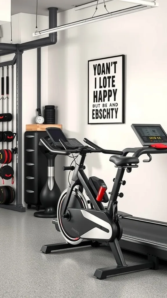 A well-organized garage gym cardio corner with a treadmill and stationary bike.