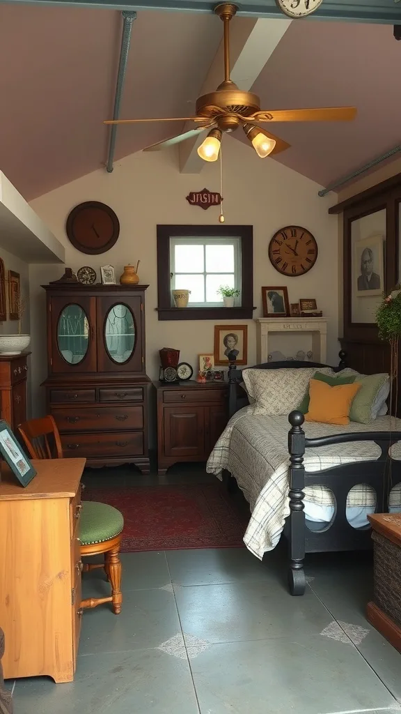 A cozy vintage-style garage bedroom featuring a wooden bed, vintage furniture, and warm decor.