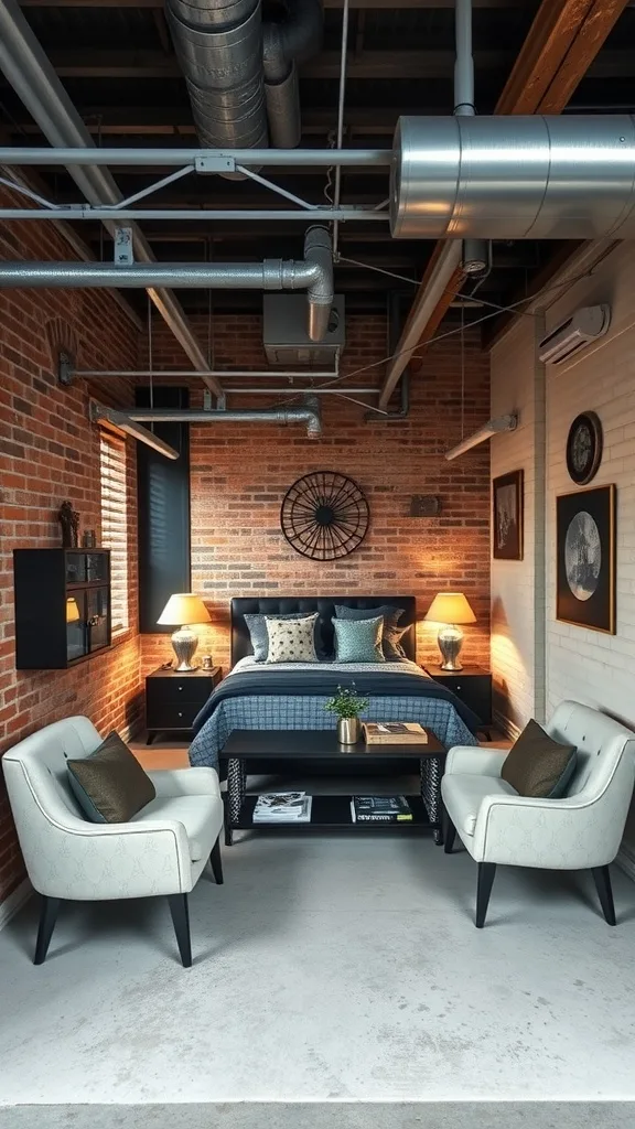 A stylish garage bedroom conversion featuring exposed brick walls, a comfortable bed, and cozy seating.