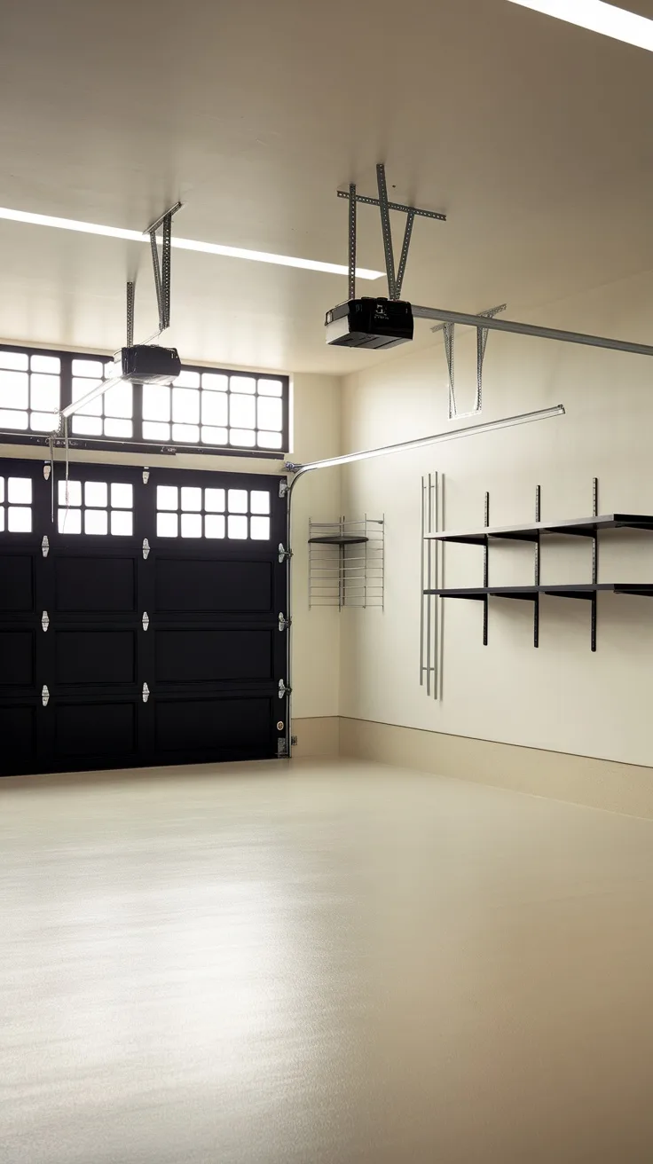 A modern garage featuring a classic black door, light-colored walls, and organized shelving.