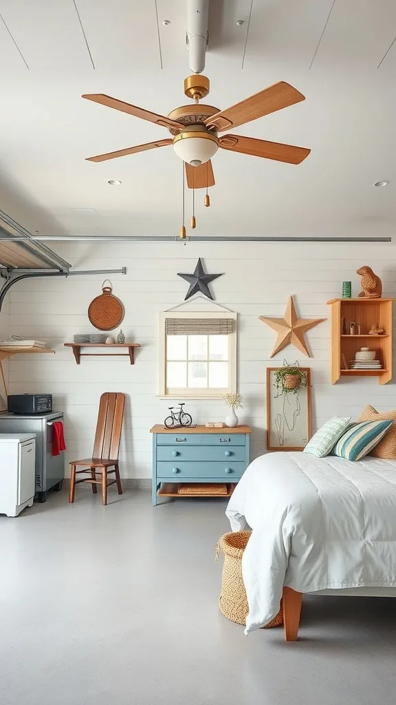 A coastal-themed garage bedroom featuring a bed with white linens, a blue dresser, nautical decorations, and a ceiling fan.