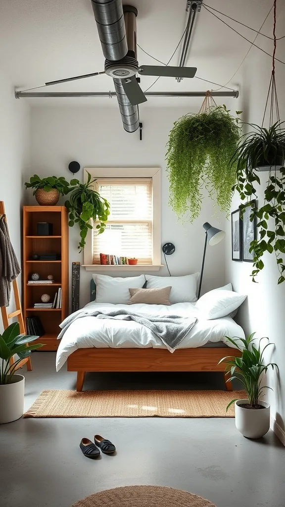 A compact bedroom transformation from a garage, featuring a wooden bed, hanging plants, and warm decor.