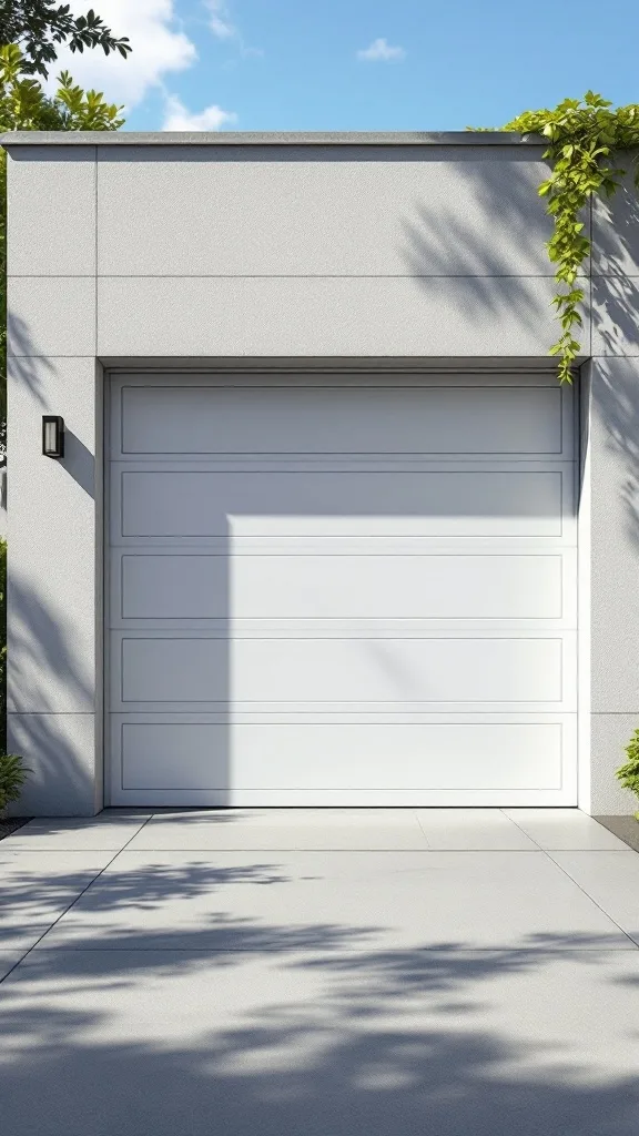 A contemporary garage featuring smart technology, with a sleek white door and minimalist design.