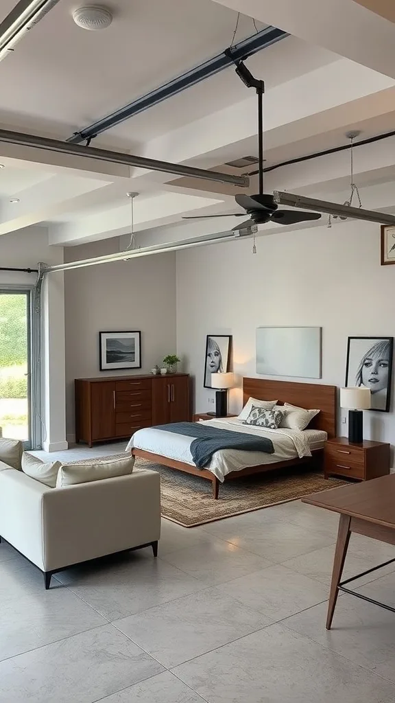 A contemporary garage bedroom with a modern bed, stylish furniture, and abundant natural light.