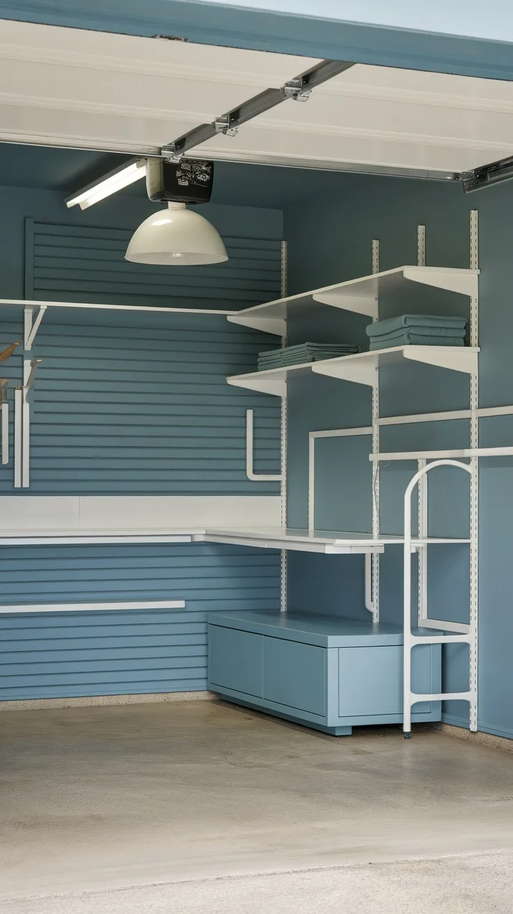 Interior of a garage painted in cool slate blue with white shelving and cabinets.