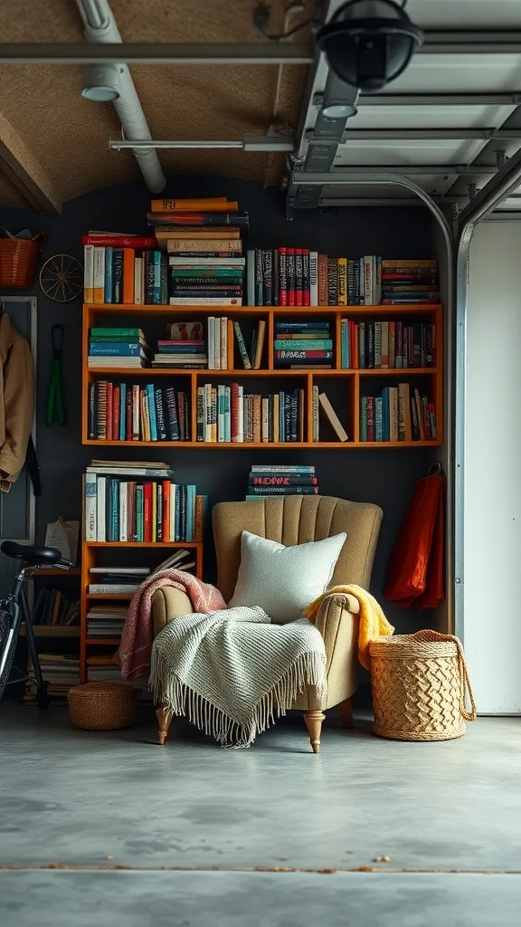 A cozy reading corner with a comfortable chair, a wooden bookshelf filled with books, and soft blankets.