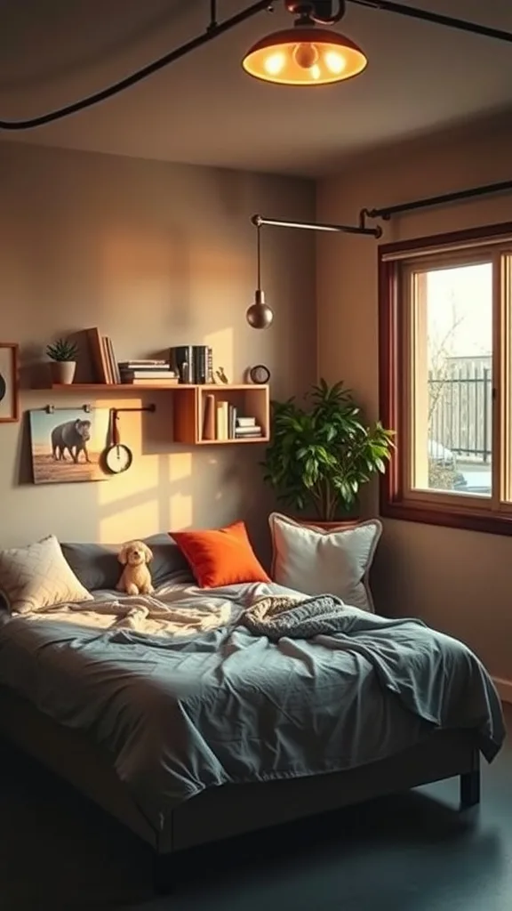 A cozy reading nook by the window featuring a bed, pillows, teddy bear, wooden shelf with books, and a plant.