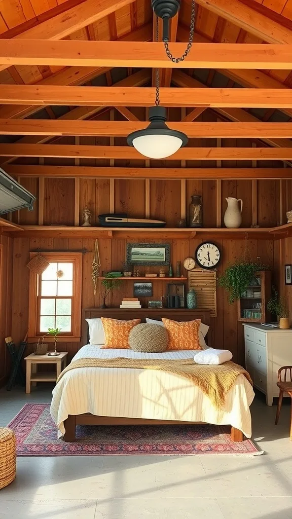 A cozy rustic bedroom with wooden beams, a bed with colorful pillows, and decorative elements.