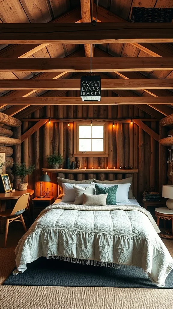 Cozy rustic bedroom with wooden beams, log walls, and a comfortable bed