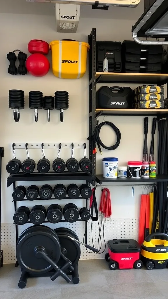 Organized garage gym with dumbbells, weights, and various fitness accessories on wall-mounted racks