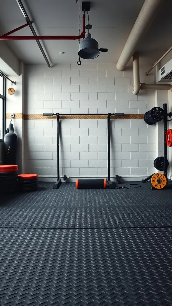 A garage gym featuring rubber flooring, weightlifting equipment, and a punching bag.