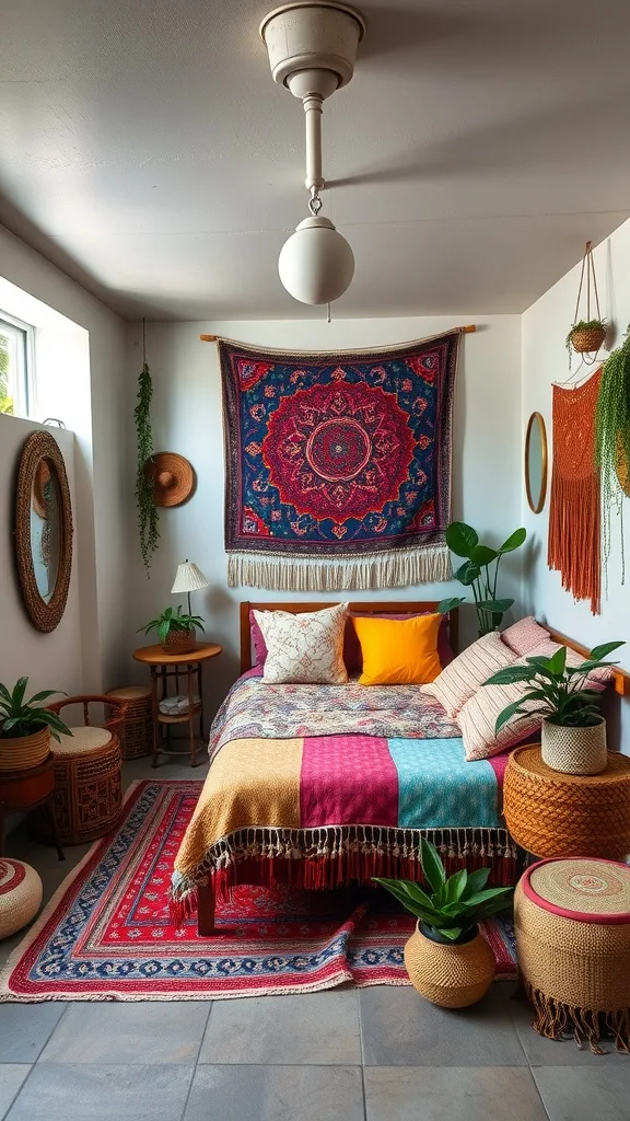 A cozy bohemian bedroom with a patchwork blanket, colorful pillows, and plants