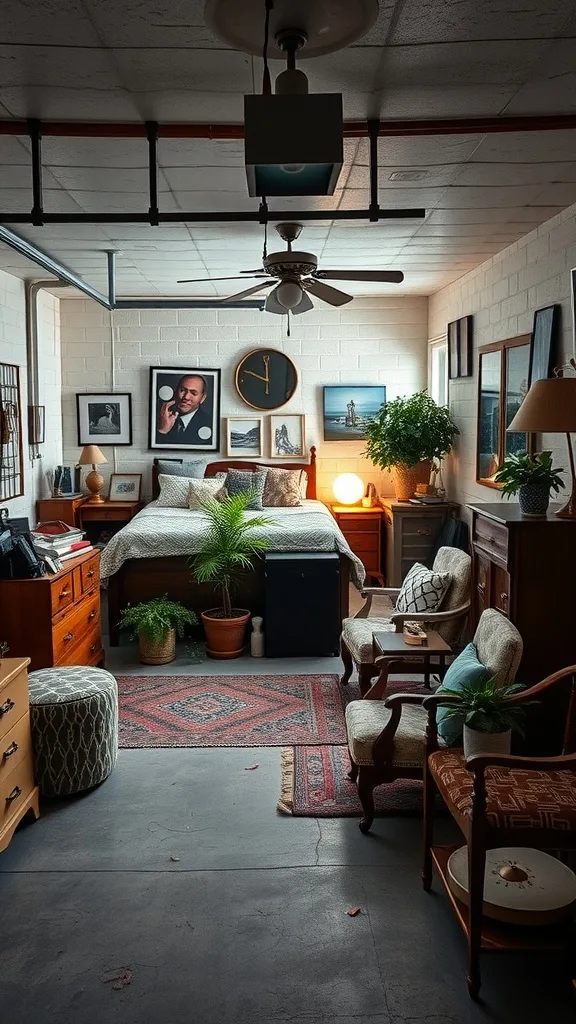 A cozy garage bedroom featuring eclectic decor, vintage furniture, and plants.