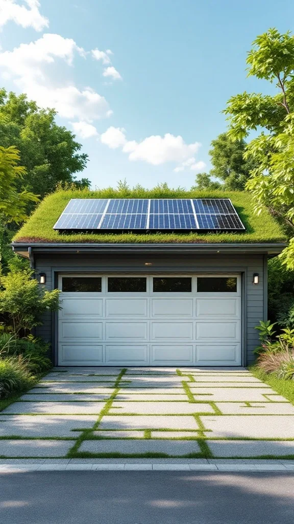 Eco-friendly garage with solar panels and a green roof, featuring a stone and grass driveway.