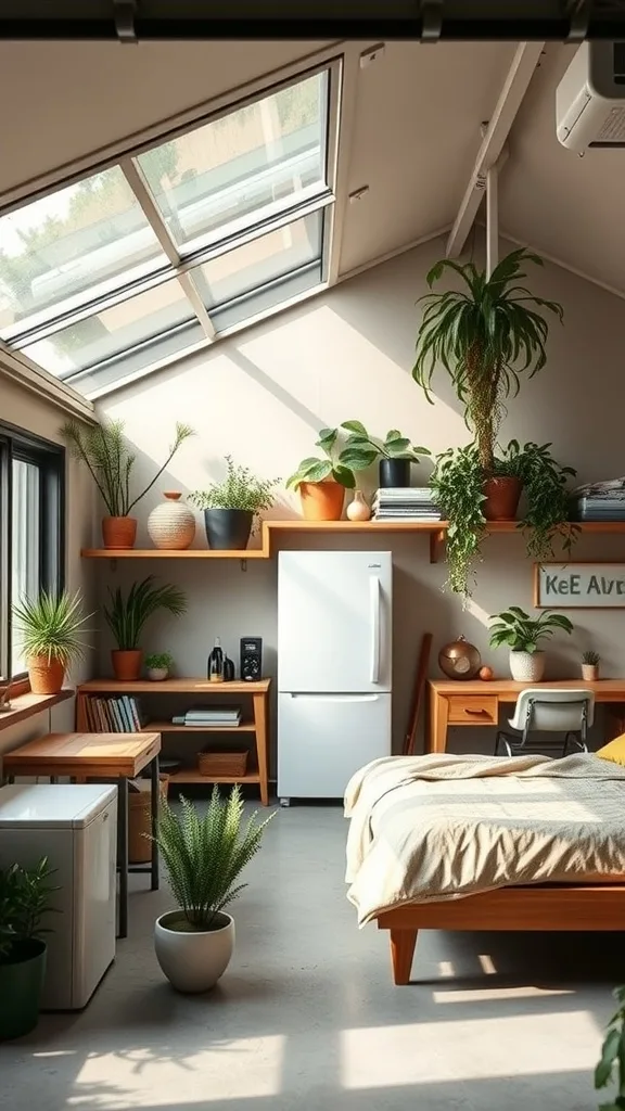 A cozy garage bedroom with large windows, wooden furniture, and various indoor plants.