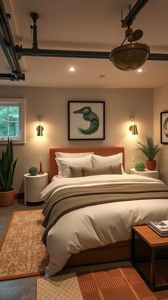 A cozy garage bedroom conversion featuring a comfortable bed, stylish decor, and warm lighting.