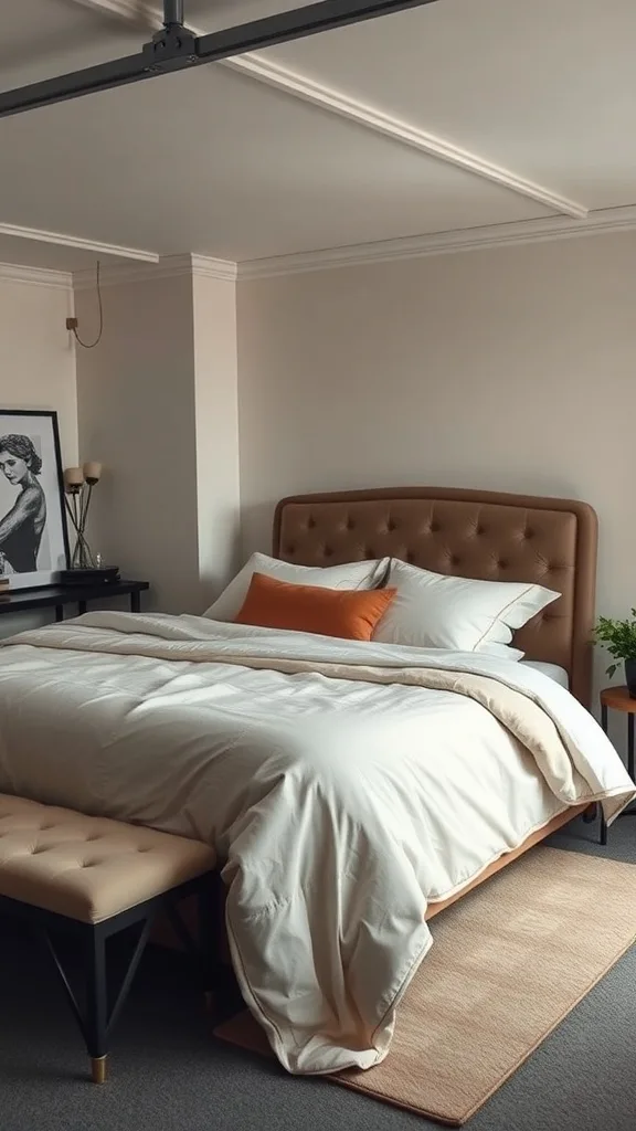 A cozy garage bedroom featuring soft lighting, a plush bed with beige bedding, an orange accent pillow, a stylish bench, and decorative elements.