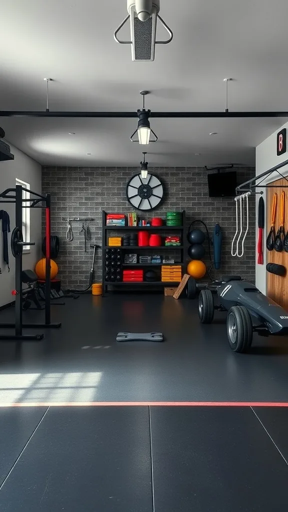 A spacious garage gym setup with various fitness equipment, including exercise balls, weights, and a workout station, designed for family use.