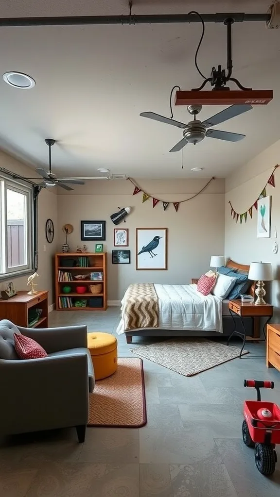 A cozy garage bedroom conversion featuring a bed, a comfortable seating area, and bright decor.