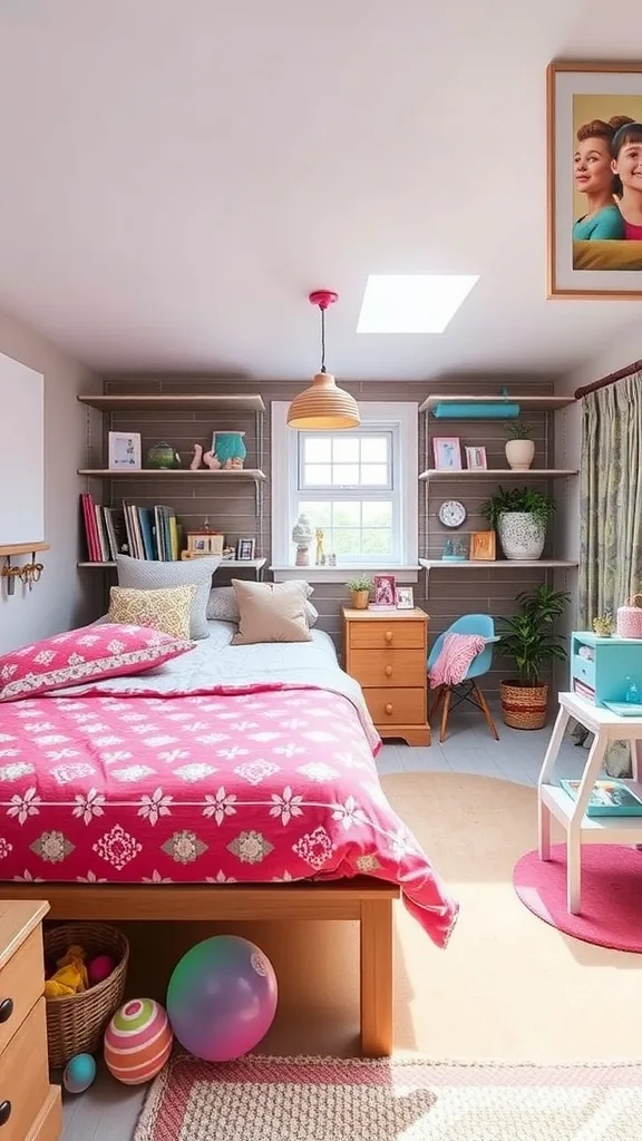 A bright and cozy garage bedroom conversion featuring a bed, desk, and playful decor.