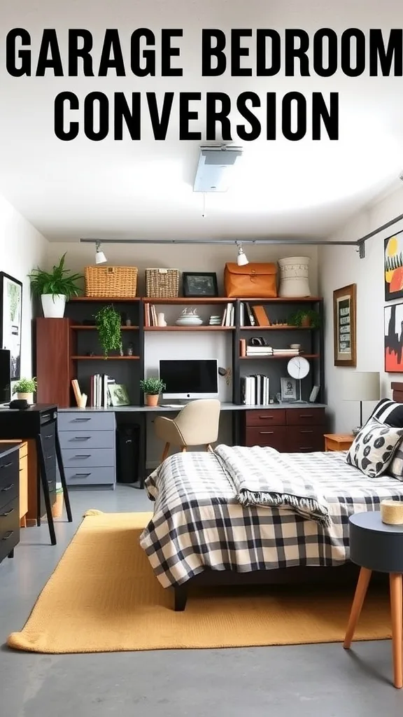 Interior of a converted garage bedroom with a bed, desk, and organized decor.