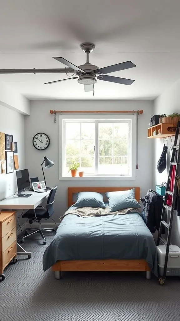 Photo of a garage bedroom conversion with a bed, desk, and storage, demonstrating a functional multi-use space.