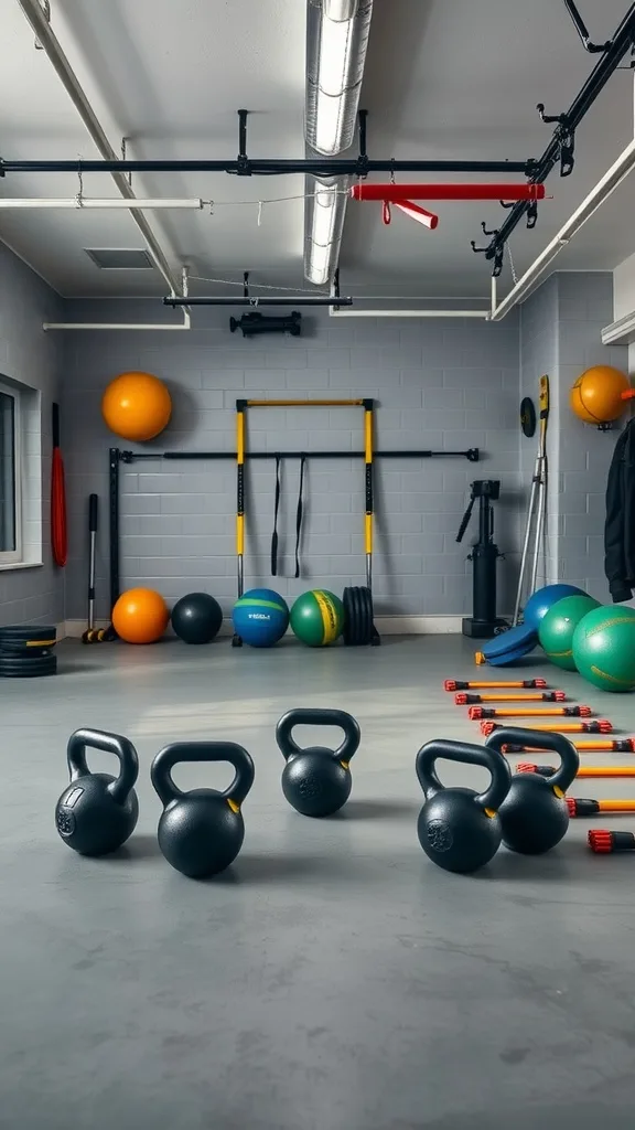 A well-organized garage gym featuring kettlebells, stability balls, and resistance bands for functional training.