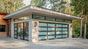 A photo of a garage addition with a modern design. The garage has a flat roof and is made of concrete. There are large windows on the side and a door at the front. The garage is connected to a house with a wooden facade. The ground is covered with gravel.