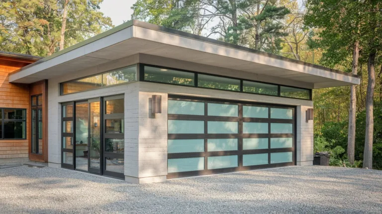 A photo of a garage addition with a modern design. The garage has a flat roof and is made of concrete. There are large windows on the side and a door at the front. The garage is connected to a house with a wooden facade. The ground is covered with gravel.