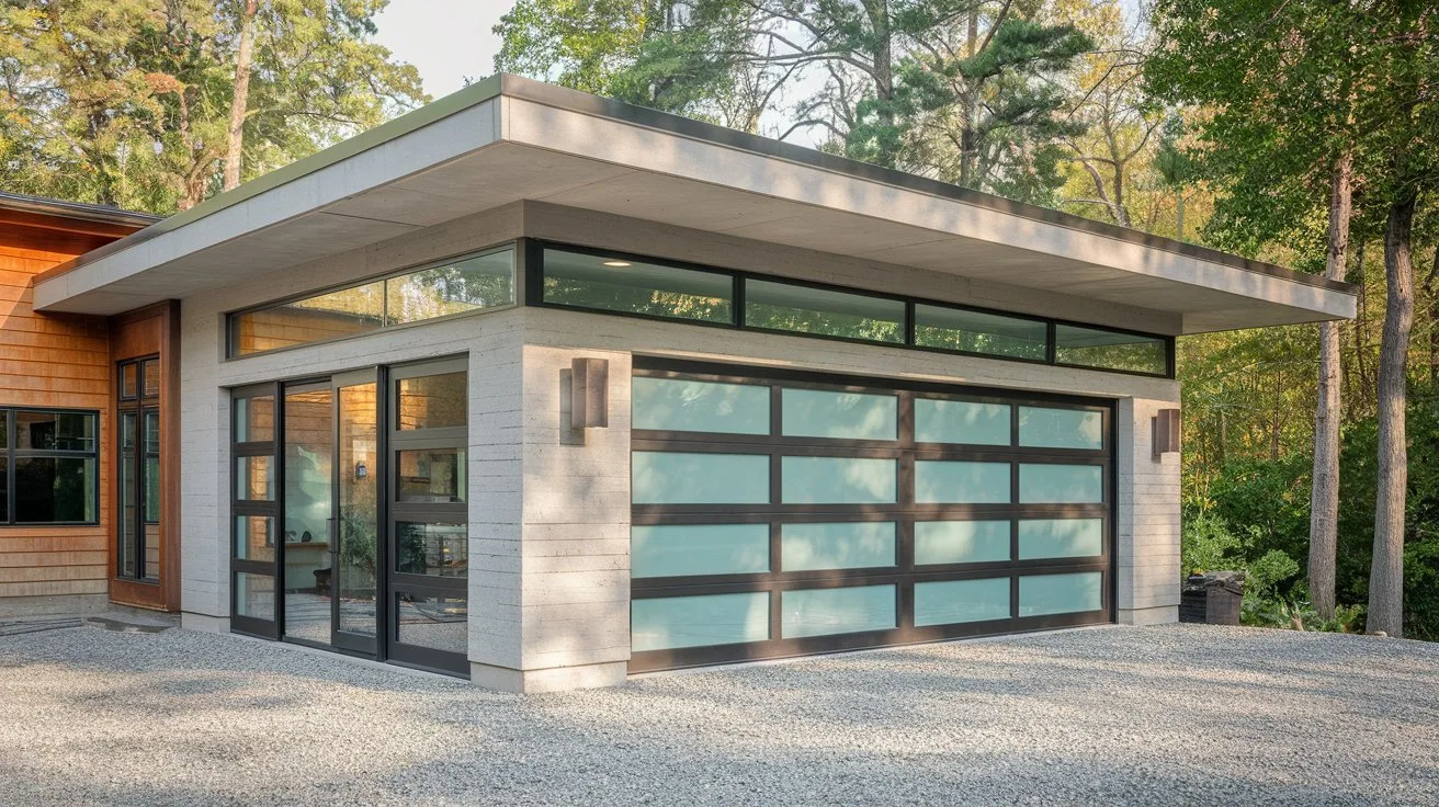 A photo of a garage addition with a modern design. The garage has a flat roof and is made of concrete. There are large windows on the side and a door at the front. The garage is connected to a house with a wooden facade. The ground is covered with gravel.