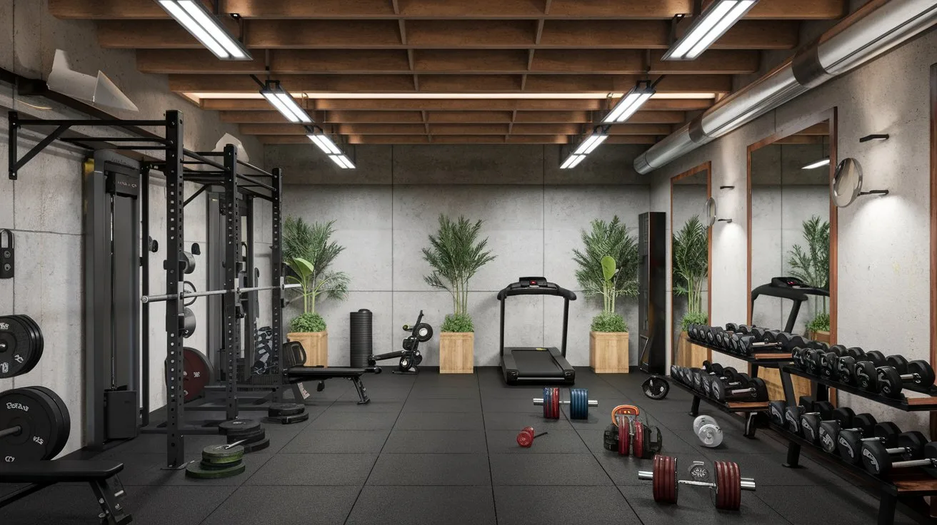 A gym with a garage theme. There are various workout equipment like a squat rack, barbells, and dumbbells. There's a treadmill near the wall. The gym has a rugged look, with exposed concrete walls, a wooden ceiling, and a few potted plants. The lighting is bright.