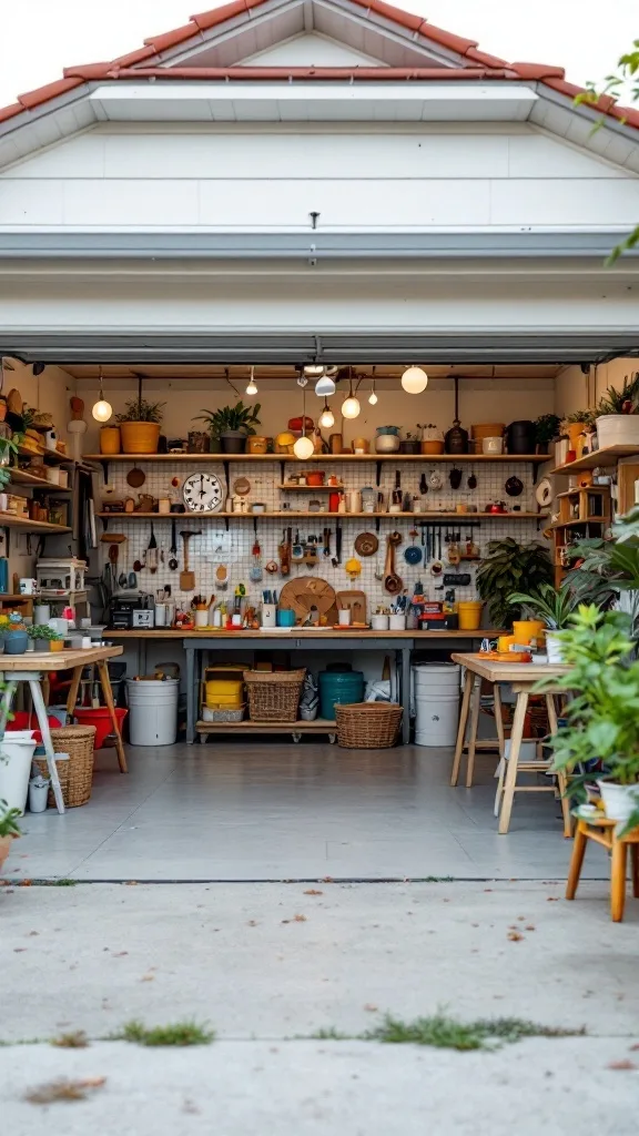 A garage interior featuring a hobby and craft area with shelves, tools, and plants