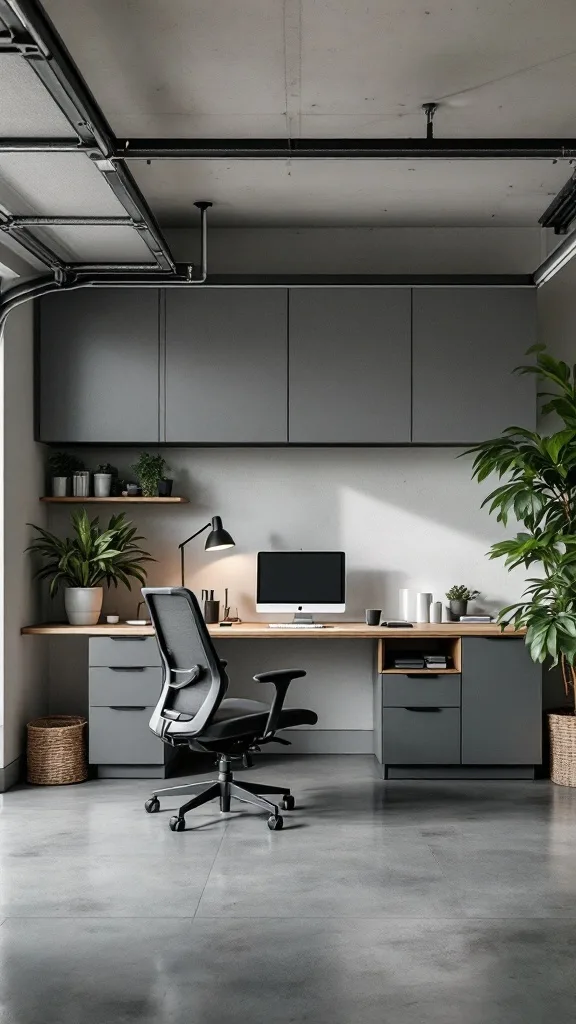 A stylish garage converted into a home office, featuring a modern desk, ergonomic chair, and plants.