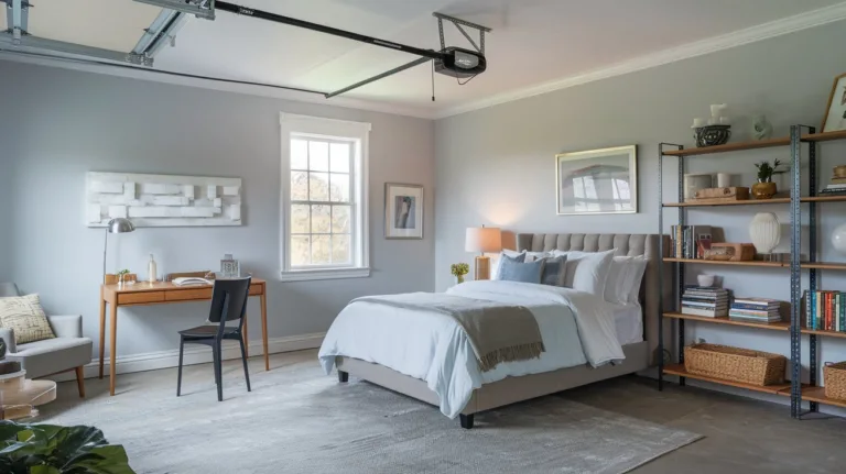 A photo of a garage bedroom conversion with a queen bed, a desk, and a bookshelf. The room has a window and is painted light gray. The floor is covered with a rug. There is a lamp on the desk and a small chair near the window. The ceiling is high.