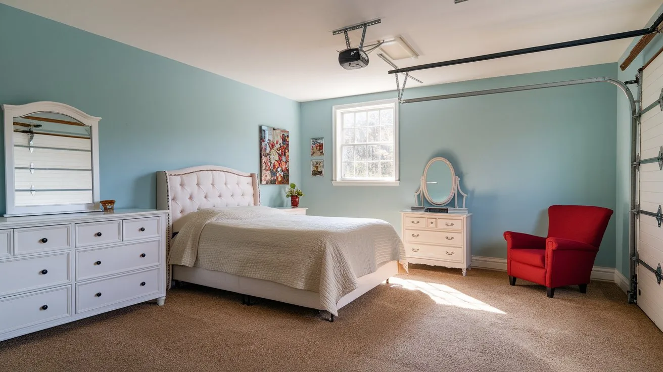 A photo of a garage that has been converted into a bedroom. There's a queen-sized bed with a beige coverlet, a white dresser with a mirror, and a red chair in the room. The walls have been painted a light blue colour. There's a window near the ceiling that lets in natural light. The floor is covered with beige carpeting.