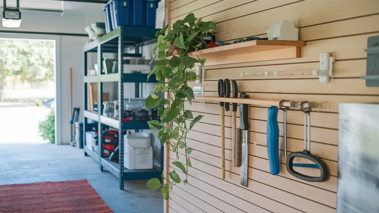 A photo of a DIY garage project. There is a wooden shelf with tools and a plant. The shelf is attached to the wall. The ground is covered with a rug. There is a potted plant on the shelf. The background is a garage with a few items stored on shelves and a door leading outside.