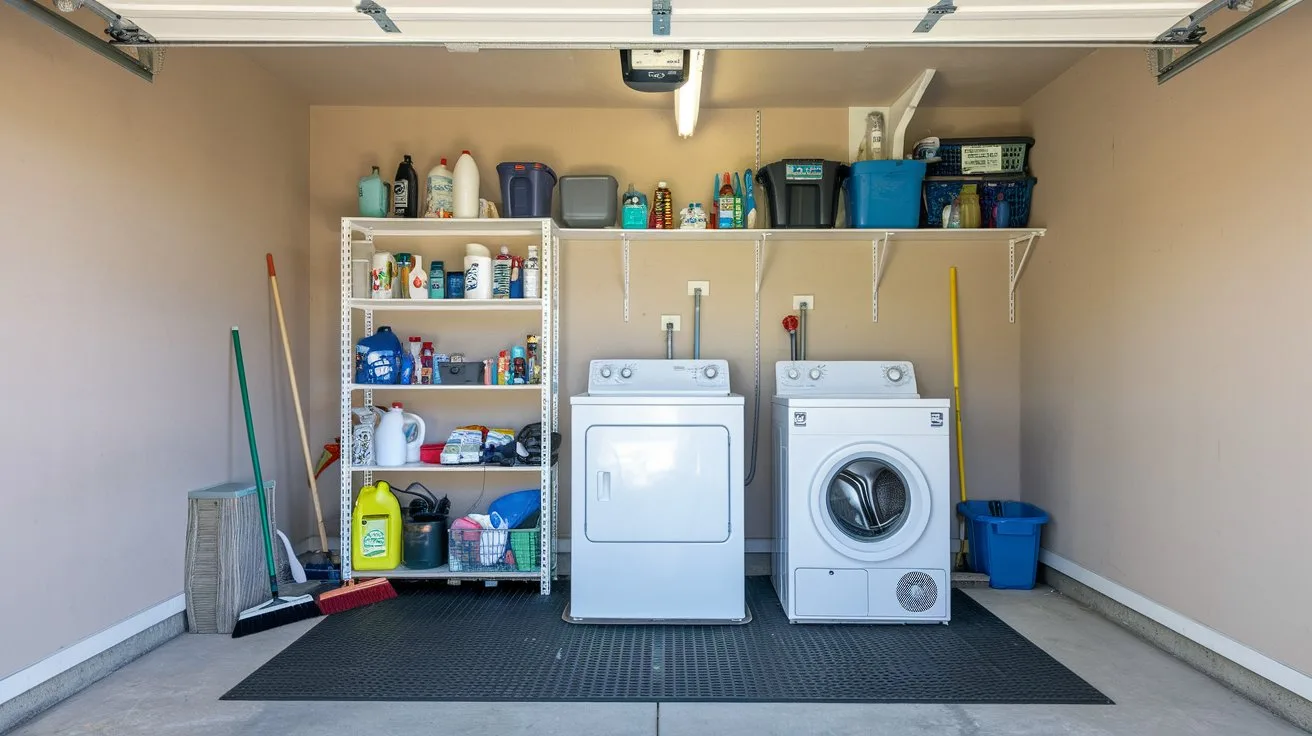 A photo of a garage laundry room. There's a washer and dryer in the middle of the room. There's a shelf with cleaning supplies above the washer. The floor is covered with a rubber mat. There's a broom and a mop near the shelf. The walls are painted beige.