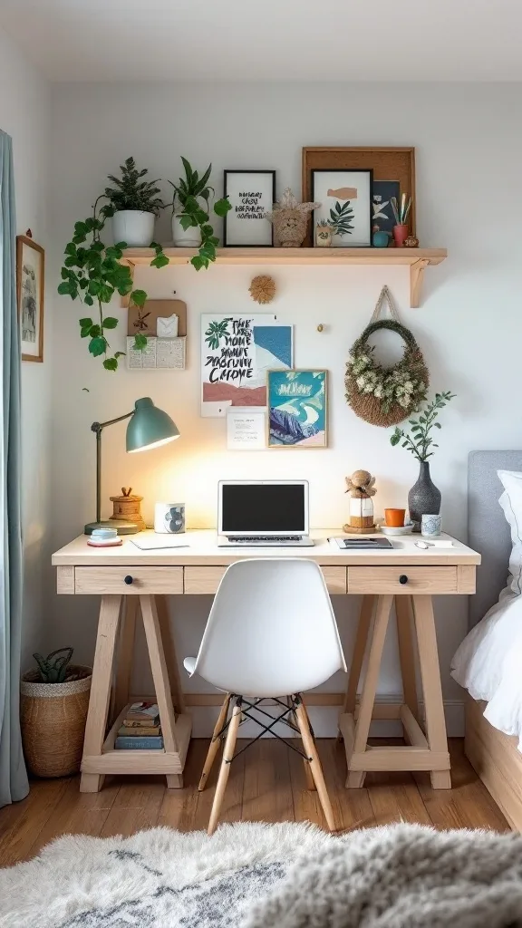 A well-organized DIY workbench desk in a bedroom with plants, art, and a laptop.