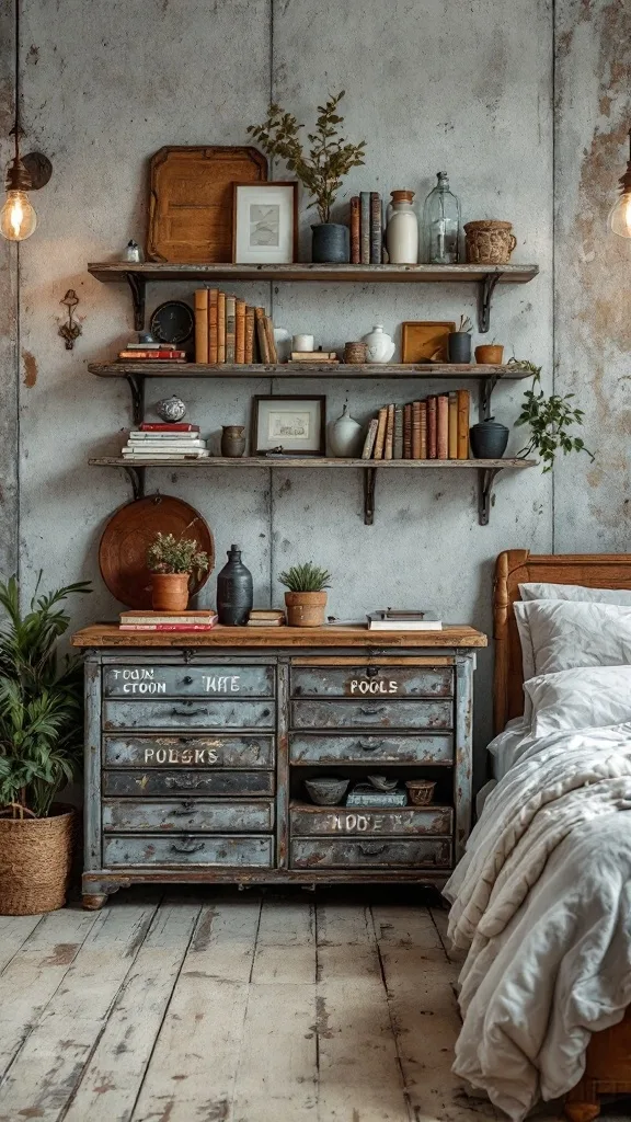 A vintage tool storage piece used as decorative shelves in a cozy bedroom setting, featuring books, plants, and rustic decor.