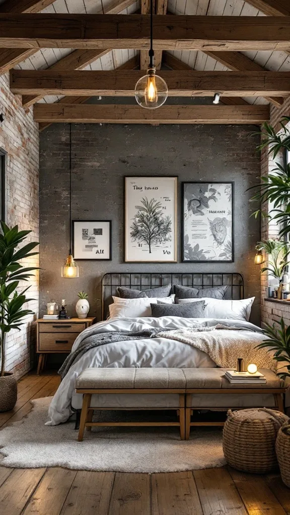 A stylish bedroom featuring exposed wooden beams, brick walls, and industrial decor elements.