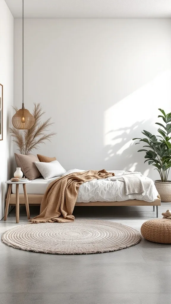 A cozy bedroom featuring concrete floors, warm textiles, and a round jute rug.