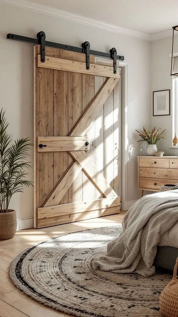 A rustic garage-style sliding barn door in a bedroom, complementing the cozy decor.