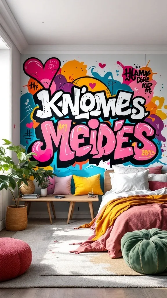 A colorful graffiti mural on a bedroom wall with bold lettering, surrounded by cozy decor elements.