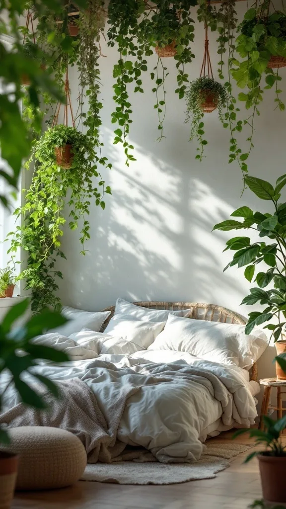 Interior of a bedroom with hanging plants from the ceiling, creating a cozy and natural atmosphere.