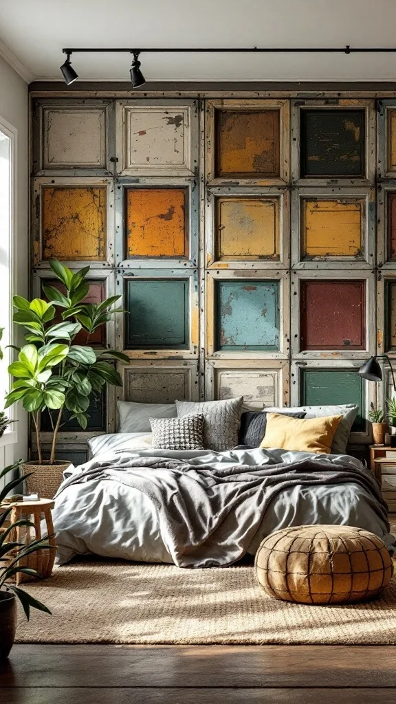 A bedroom featuring a wall made from colorful repurposed garage doors, complemented by plants and cozy bedding.