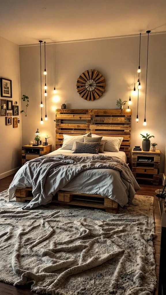 A cozy bedroom featuring upcycled pallet furniture including a headboard and nightstands.