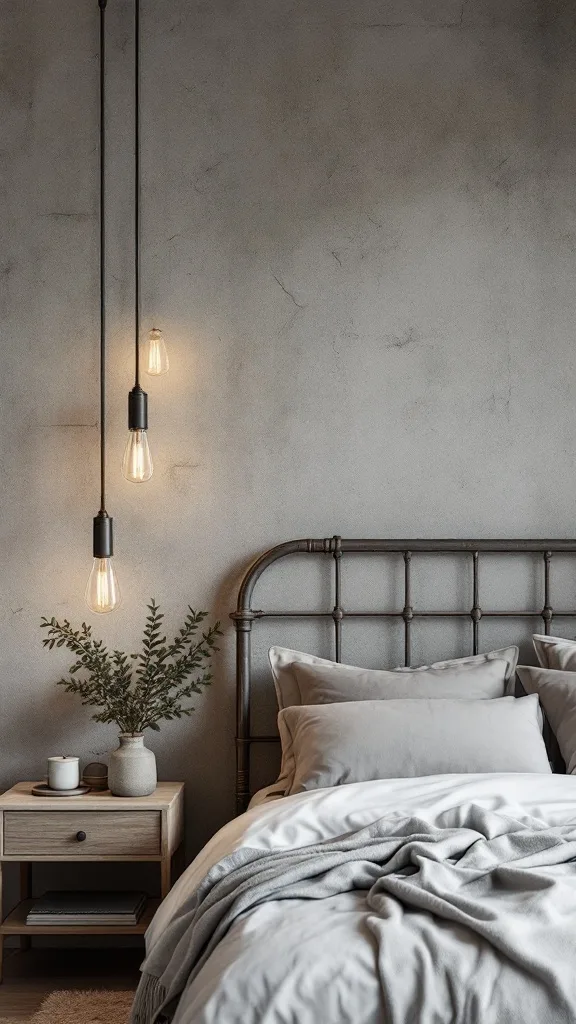 A cozy bedroom featuring a metal bed frame, hanging light fixtures, and a touch of greenery on the nightstand.